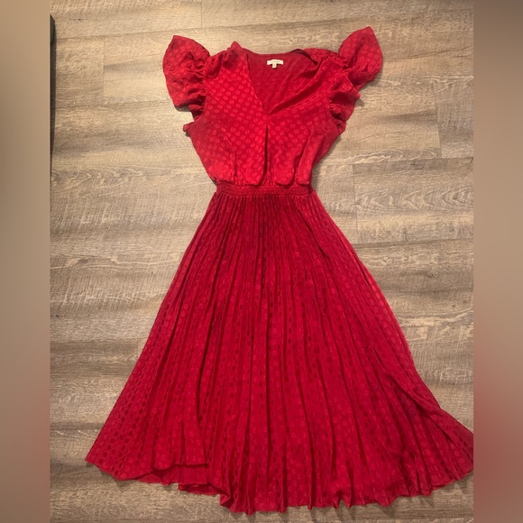 max studio deep v dotted pleated Womens midi dress red size L - Picture 2 of 8
